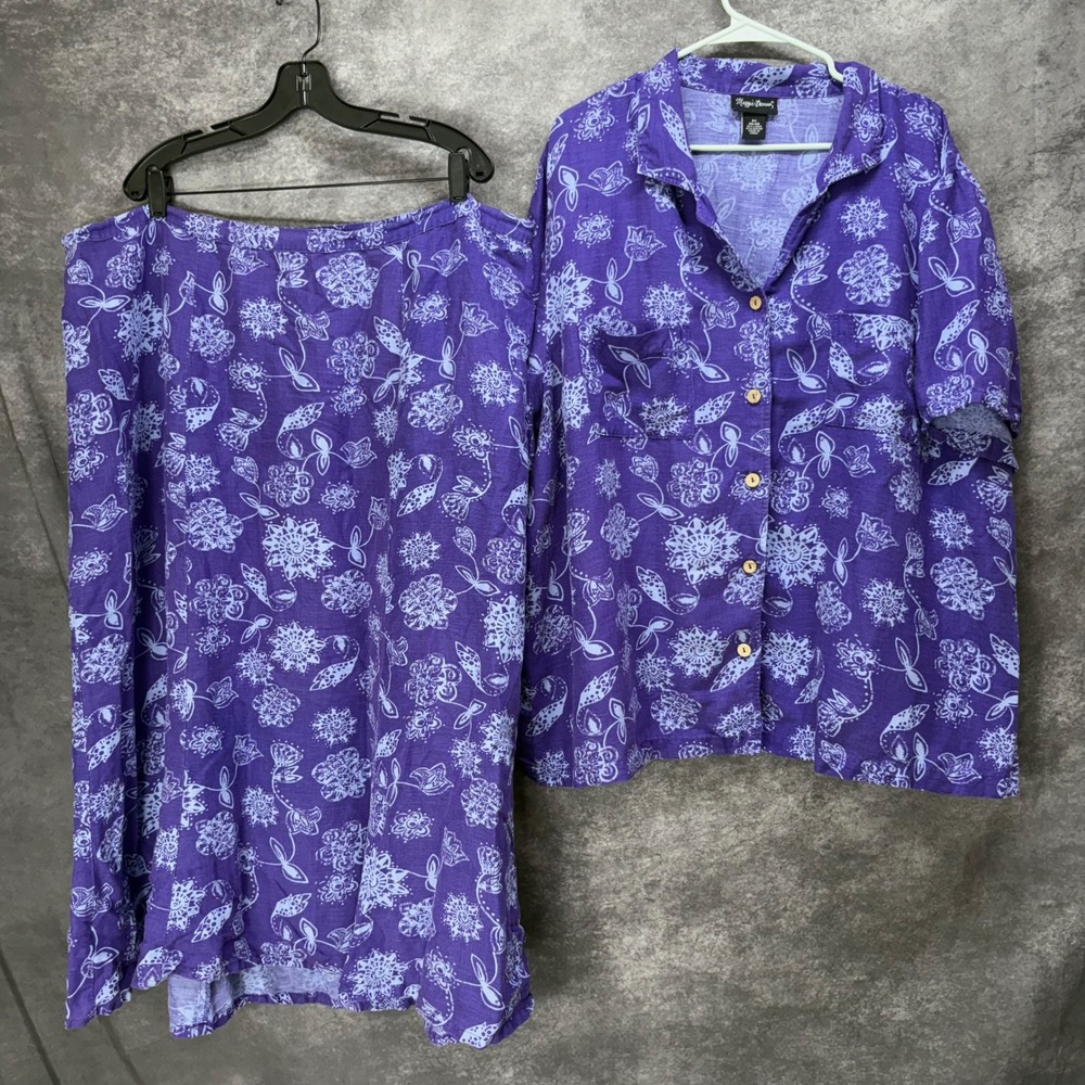 Maggie Barnes Skirt Top Set Plus Size Outfit Womens 3X Purple Floral Linen Blend